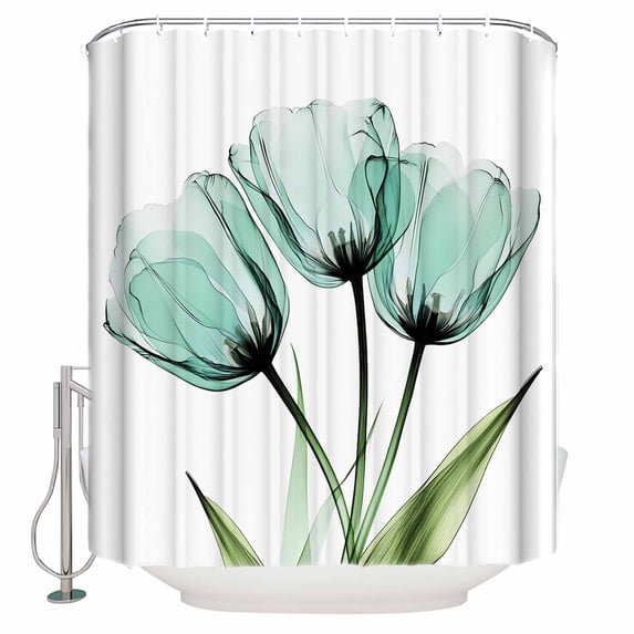 Teal Floral Shower Curtain, 66" x 72", Teal Tulips Green Leaf Watercolor Plant Waterproof Bathroom Curtain Washable Shower Curtain Set with 12 Hooks