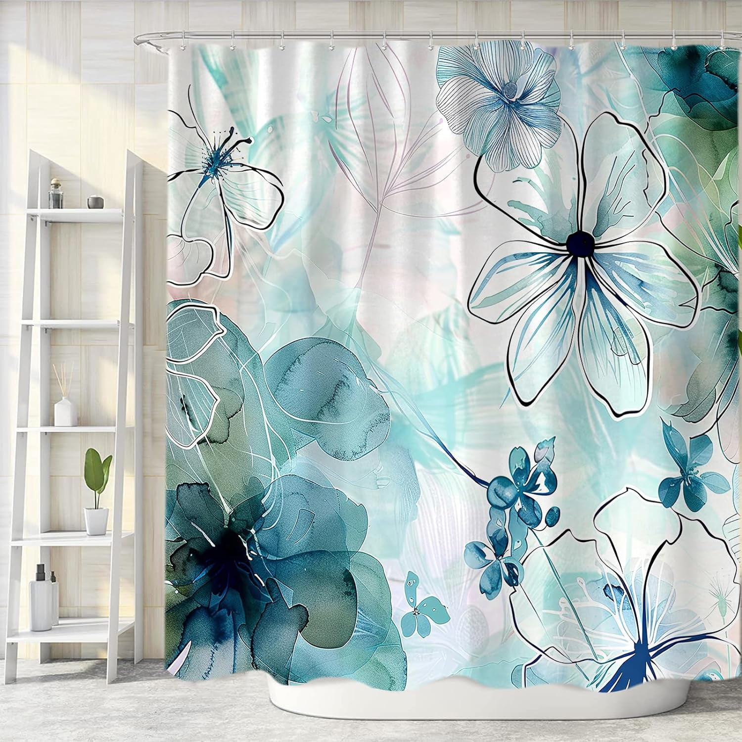 Teal Floral Shower Curtain, Boho Emerald Sage Olive Green Blue Abstract Flowers Art Cute Fabric Shower Curtains Set for Bathroom Decorative with Hooks Spring Bath Decor 60"W x 72"L (Pack of 1)