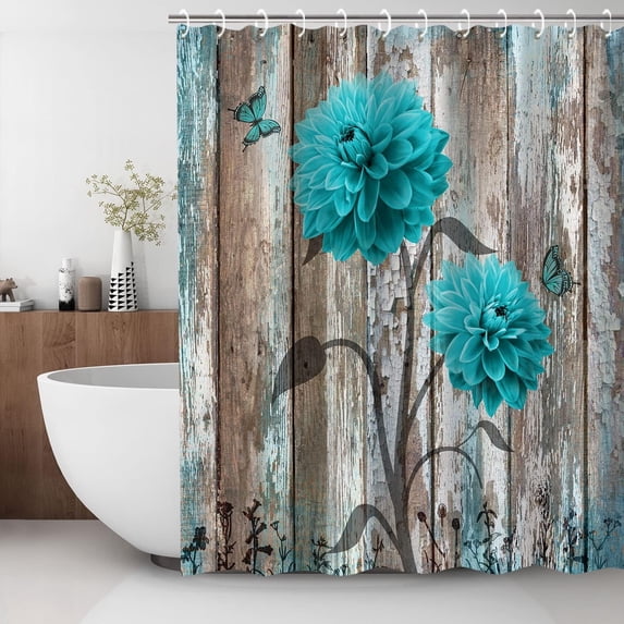 Teal Floral Shower Curtain, Farmhouse Turquoise Blue Flower Shower Curtains Set with 12 Hooks, Teal Daisy Grey Wood Shower Curtain, Gray Bathroom Decor, 72" W x 72" H