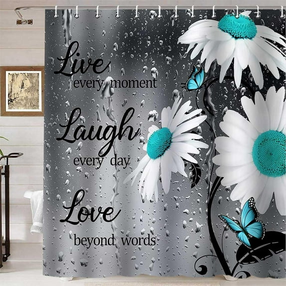 Teal Floral Shower Curtain, Live Laugh Love Inspirational Quote Turquoise White Daisy Flower Blue Butterfly Modern Bathroom Decor, Waterproof Fabric Shower Curtain Set, 72 X 72 Inch, Raindrop