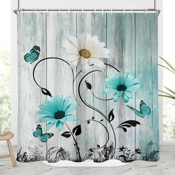 Teal Floral Shower Curtain Turquoise Aqua Flowers Rustic Country Farmhouse White Grey Gray Black Spring Butterfly Daisy Abstract Home Bathroom Decor Bathtub Set with 12 Hooks, 72x72, Pretty