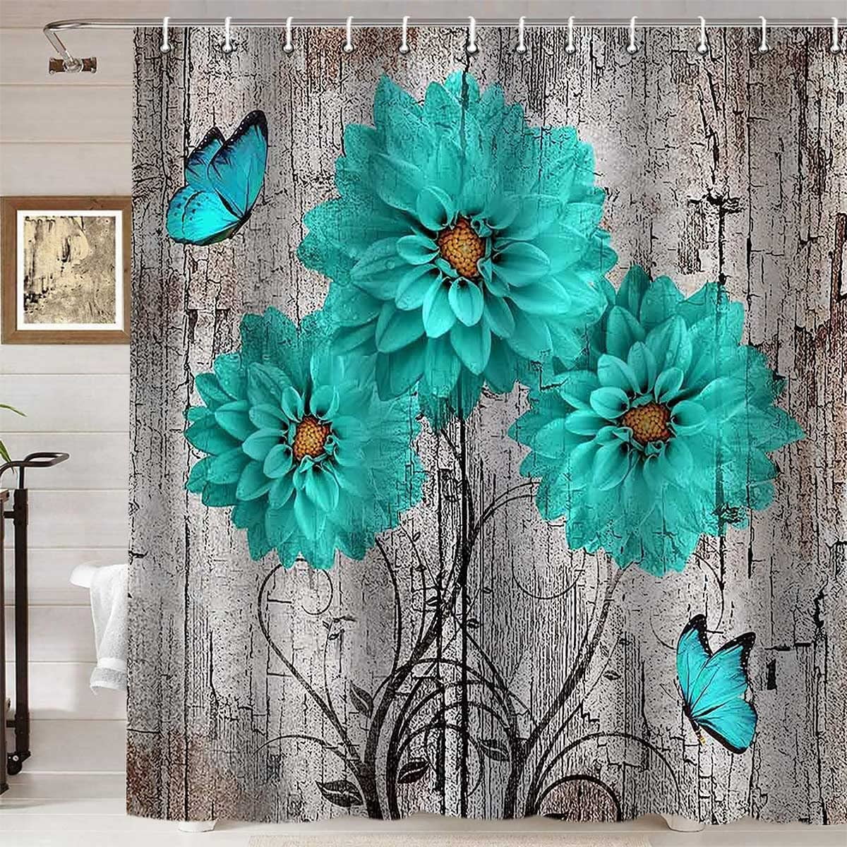 Teal Floral Shower Curtain, Turquoise Dahlia Botanical Blooming Flower ...