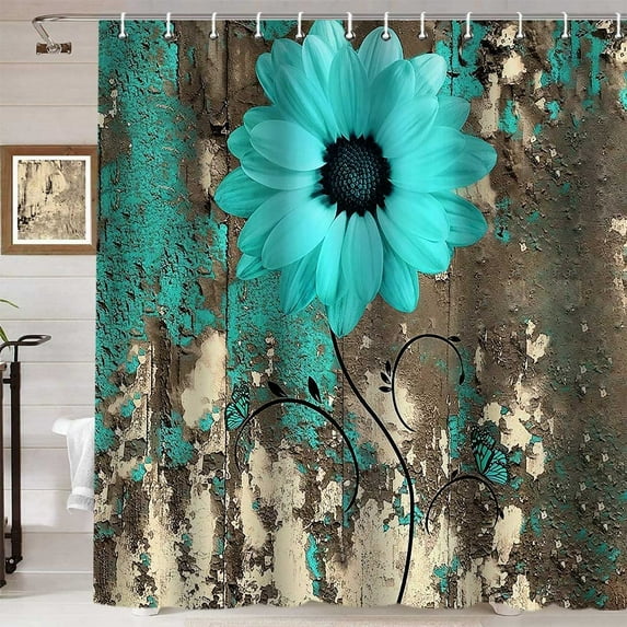 Teal Floral Shower Curtain, Vintage Country Barn Wood Retro Wooden Board Blooming Turquoise Daisy Butterfly Rustic Farmhouse Bathroom Decor, Waterproof Fabric Shower Curtain, 72 X 72 Inch