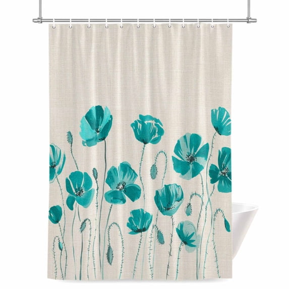 Teal Floral Shower Curtain, Watercolor Autumn Turquoise Wildflowers Plant Linen Texture Waterproof Shower Curtain Set with 12 Hooks Lightweight Bath Curtains Fabric Bathroom Decor 72x72 Inches
