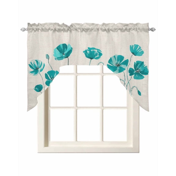 Teal Floral Swag Valances for Windows 56 x 36 Watercolor Autumn Turquoise Wildflowers Plant Linen Texture Rod Pocket Light Filtering Window Topper for Kitchen Bathroom Bedroom Living Room