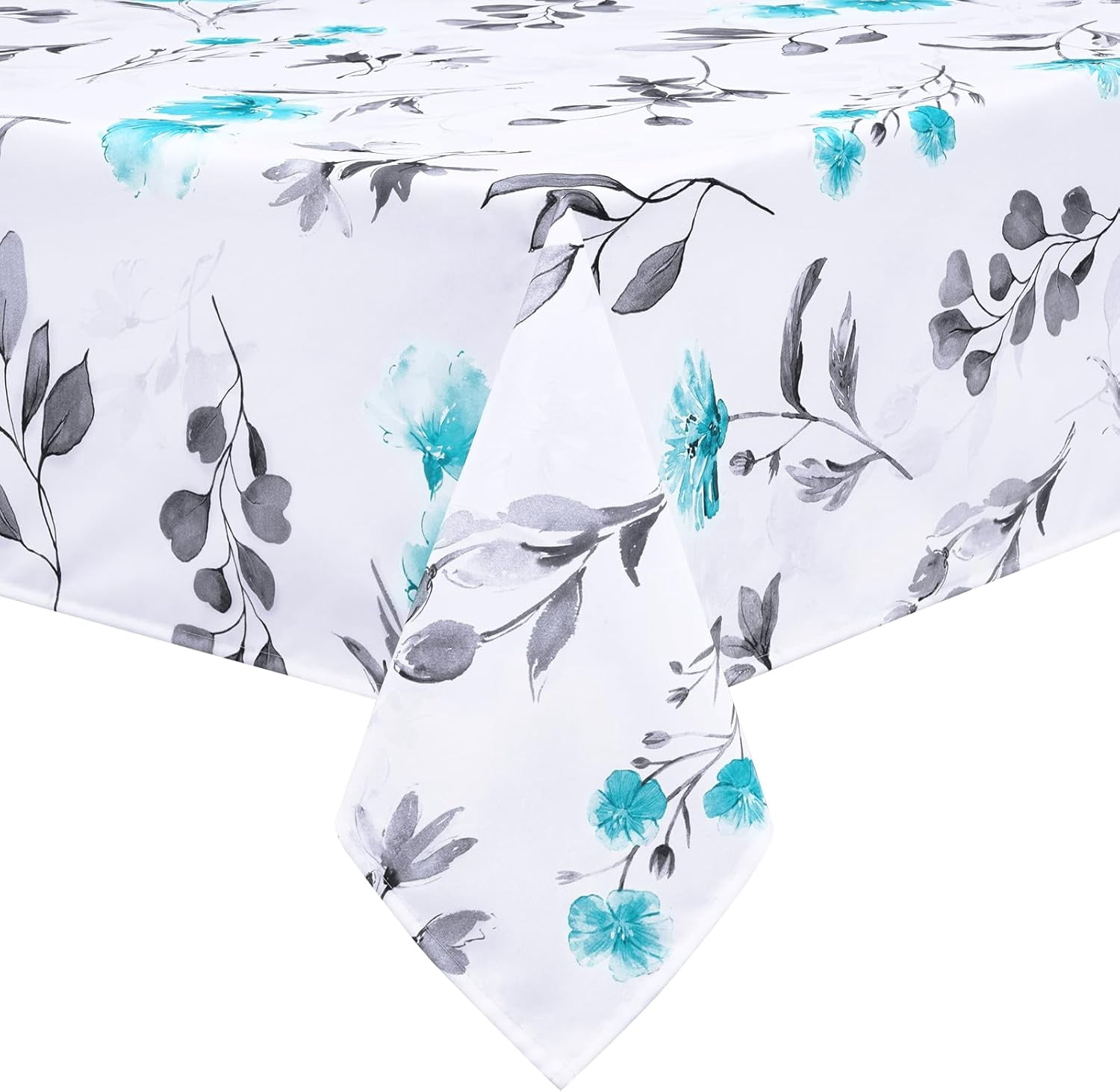 Teal Floral Tablecloth Oval, Watercolor Flower Table Cloth, Spring Summer Waterproof Table Cover, Wrinkle Free Tablecloth for Outdoor Dining Table Parties, Teal and Gray, 60x84 Inch Oval