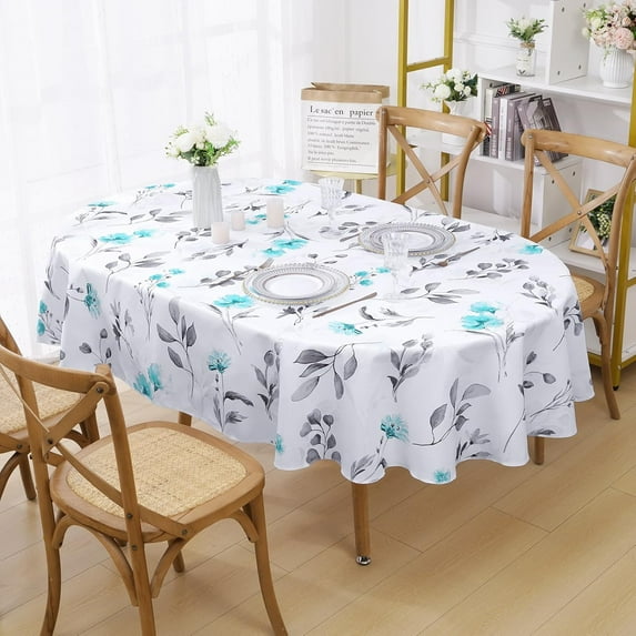 Teal Floral Tablecloth Oval, Watercolor Flower Table Cloth, Spring Summer Waterproof Table Cover, Wrinkle Free Tablecloth for Outdoor Dining Table Parties, Teal and Gray, 60x84 Inch Oval