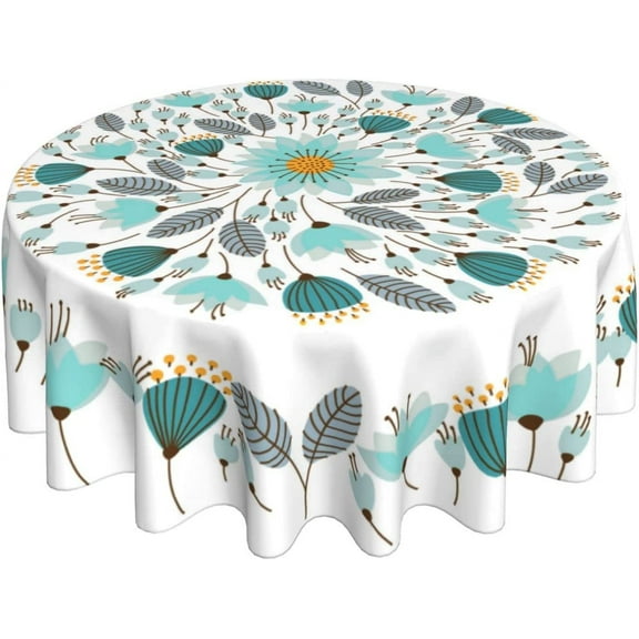 Teal Floral Tablecloth Round 60 Inch Boho Bohemia Flower Farmhose Washable Wrinkle Stain-Resistant Table Cloth Polyester Table Cover for Kitchen Dinning Parties Holiday