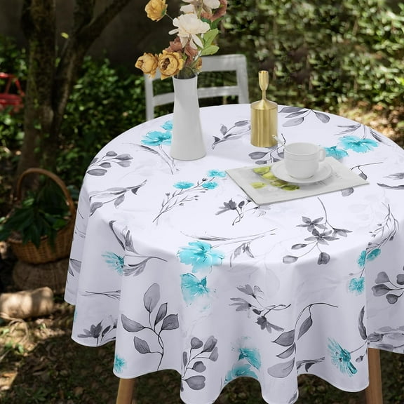 Teal Floral Tablecloth Round, Watercolor Flower Table Cloth, Spring Summer Waterproof Table Cover, Wrinkle Free Tablecloth for Outdoor Dining Table Parties, Teal and Gray, 60 Inch Round