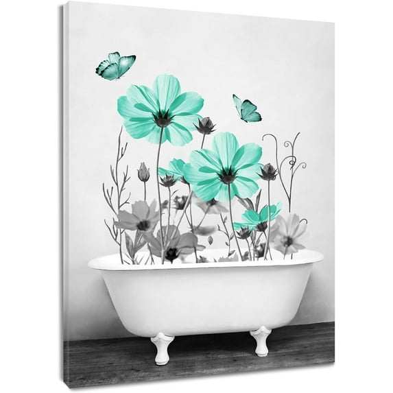 Teal Floral Wall Art for Living Room,Turquoise Flower and Butterfly in Bathtub on Rustic Wood Canvas Wall Art Country Grey Wildflower Framed Wall Art for Bathroom Bedroom Decor,16L X 12W inches