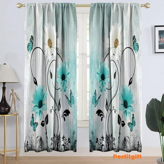 Teal Floral Window Curtain Turquoise Aqua Flower Rustic Country White Daisy Butterfly Abstract Black Leaves Living Room Bedroom Window Drapes Treatment Fabric 1 Pair, 42" W x 63" L, Vintage