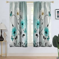Teal Floral Window Curtain Turquoise Aqua Flower Rustic Country White Daisy Butterfly Abstract Black Leaves Living Room Bedroom Window Drapes Treatment Fabric 1 Pair, 42" W x 63" L, Vintage