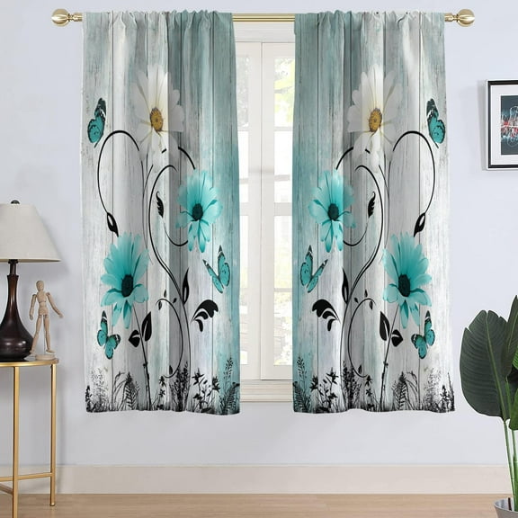 Teal Floral Window Curtain Turquoise Aqua Flower Rustic Country White Daisy Butterfly Abstract Black Leaves Living Room Bedroom Window Drapes Treatment Fabric 1 Pair, 42" W x 63" L, Vintage