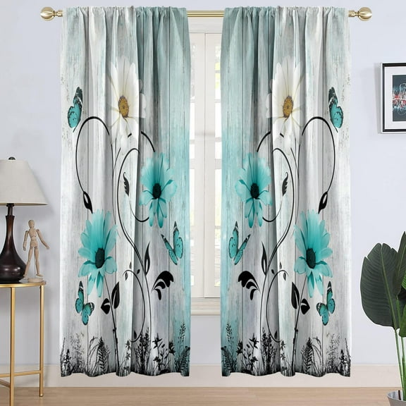 Teal Floral Window Curtain Turquoise Aqua Flower Rustic Country White Daisy Butterfly Abstract Black Leaves Living Room Bedroom Window Drapes Treatment Fabric 1 Pair, 52" W x 84" L, Vintage