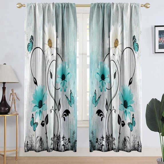 Long Valance Teal Floral Window Curtains, Extra Long 42