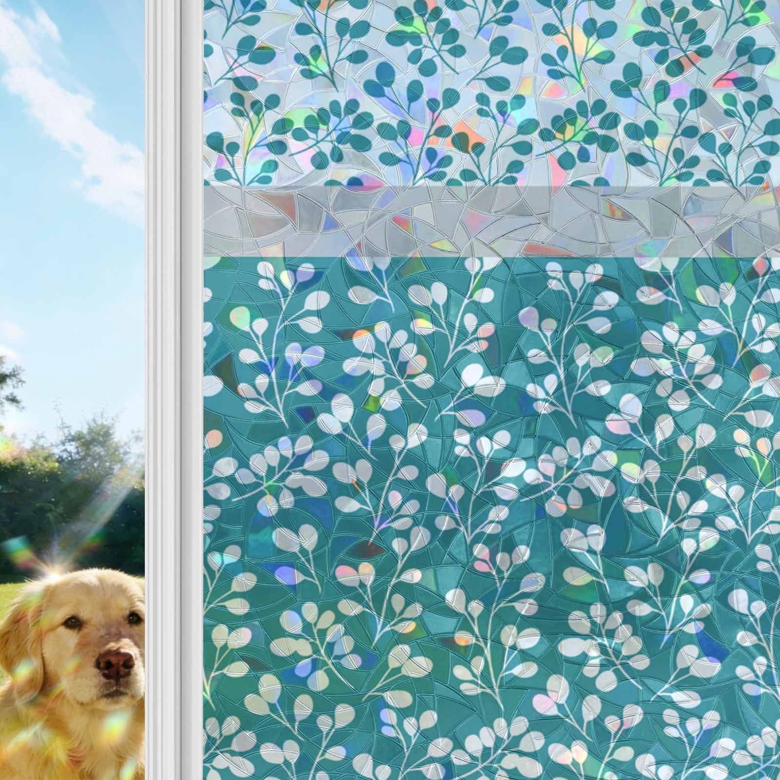Teal Floral Window Privacy Film Stain Glass,Reusable Decorative Rainbow Window Film,Botanical Blossom Motif Boho Grey Stripes Static Cling Sun Blocking Stickers Decals Covers 17.7" x 39.3" (2pcs)