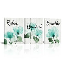 Teal Flower Canvas Wall Art Relax Unwind Breathe Bathroom Decor Painting Transparent Flower Pictures Prints 12x16inchx3panels(Framed)