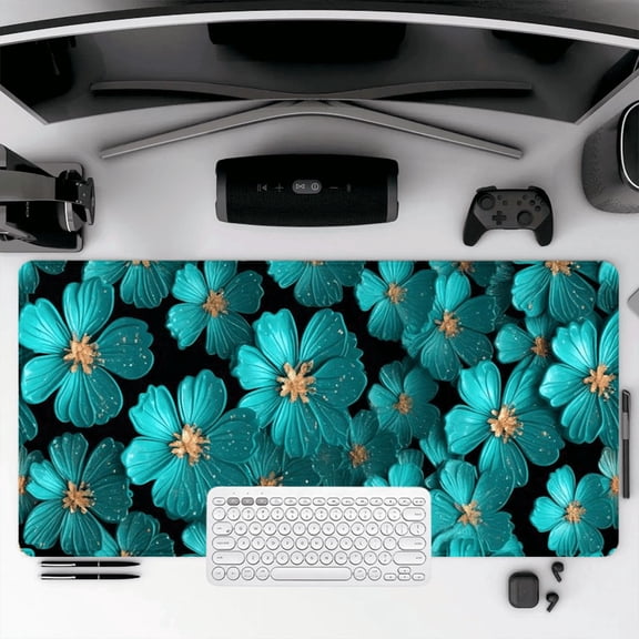 Teal Flower Design Mouse Pad 35.4 x 15.8 Inches Rubber Desk Mat for Office Home Gaming