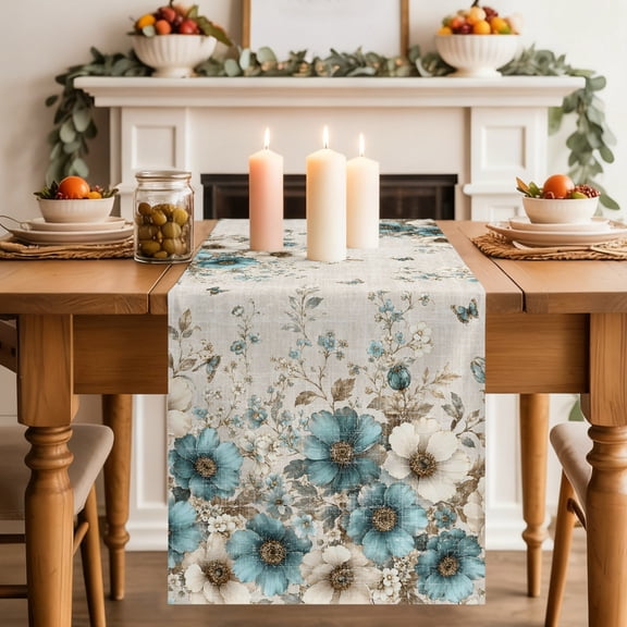 Teal Flower Dining Table Runner, Beige Floral Botanical Blue Butterfly Leaf Linen Texture Washable Table Runners Kitchen Coffee Table Center Decor for Home Party Holiday Wedding 13 x 48 Inches