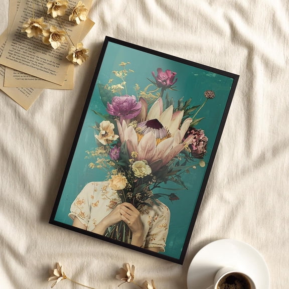 Teal Flower Head Woman Wall Art Retro Feminine Decor, Unframed Canvas Size 8x12