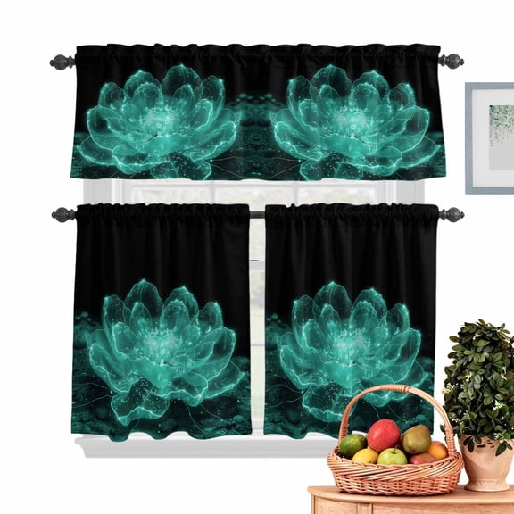 Teal Flower Kitchen Curtains Valances 3 Piece Set, Transparent Flowers Rod Pocket Tier Curtain and Valance Drapes for Small Window 24 Inch Length for Bedroom Cafe
