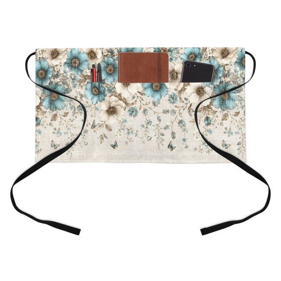 Teal Flower Kitchen Restaurant Half Waist Apron, Beige Floral Botanical Blue Butterfly Leaf Linen Texture Server Short Apron with 3 Pockets Waterproof Oil Waist Aprons for Women Waitress Waiter