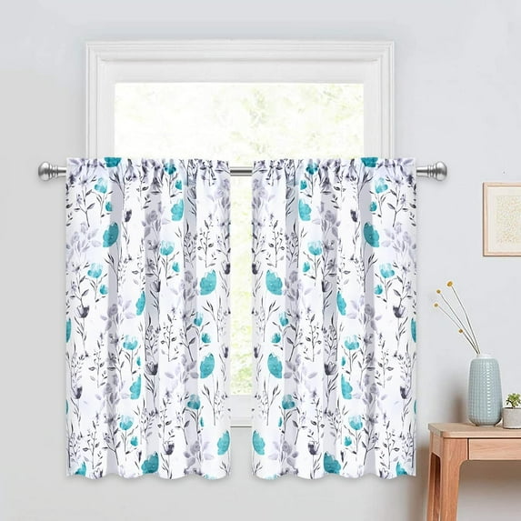 Teal Flower Kithchen Curtains, Teal Gray Floral Rod Pocket Window Treatment Tier Pair for Kitchen Bathroom RV Basement Laundry, Set 2, 26 Inch Wide 36 Inch Long