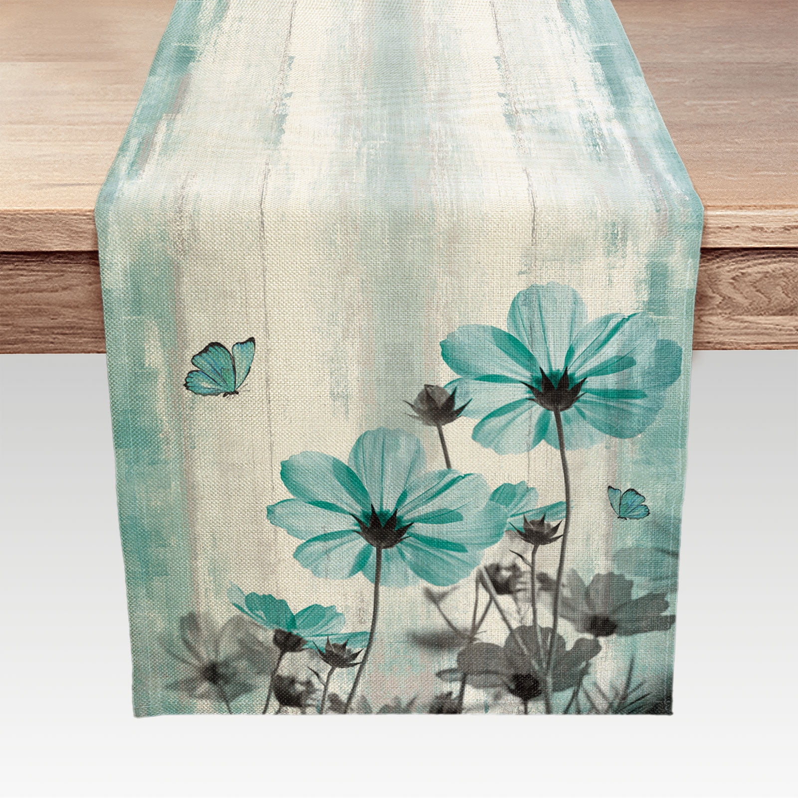 Teal Flower Table Runner, Rustic Farmhouse Country Green Floral Vintage ...