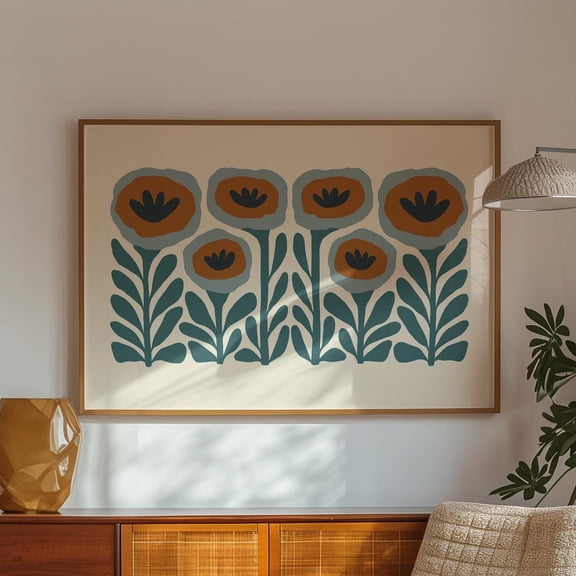 Teal Flower Wall Art Turquoise Decor Horizontal Wall Art Abstract Flower Art Blue & Rust Brown Print Art Matisse Print Flower Poster Art