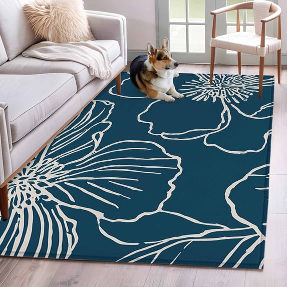 Teal Flowers Area Rugs 4'x6', Washable Small Throw Rugs for Office Bathroom, Spring Floral Botanical Modern Art Indoor Outdoor Rug Non-Slip Low Pile Carpet Runner Reversible Floor Mats
