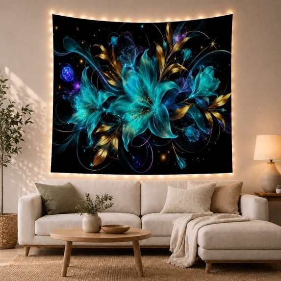 Teal Flowers on Black Background with Gold Leaves, Energetic Psychedelic for Flower Lovers, Luminous Botanical Wall Art, Valentine's Day Gift, Tapestry Wall Hanging for Bedroom and Living Room