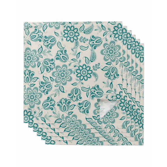Teal Flowers Cloth Napkins Set of 6 Reusable Dinner Napkins, Vintage Ethnic Tribe Country Farmhouse Cocktail Napkin Washable Table Napkins for Wedding/Holiday Party/Baby Shower 20"x20"
