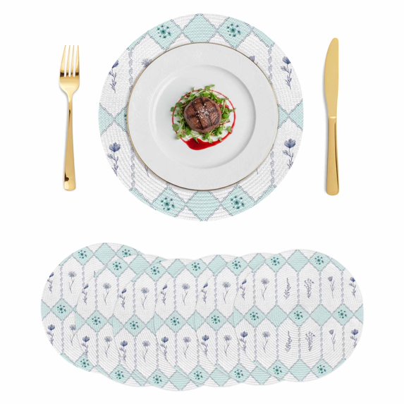 Teal Flowers Geometric Round 13 Inch Placemats Set of 6, Spring Floral Elegant Pastoral HeatResistant Non Slip Place Mats for Dining Table, Wipeable Braided Kitchen Table Mats for Housewarming