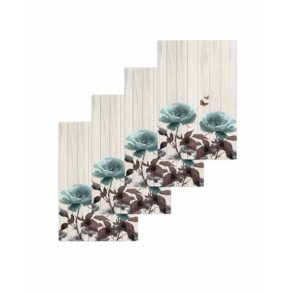 Teal Flowers Kitchen Dish Towels for Drying Dishes Set of 4, Farmhouse Florals Butterfly Wooden Grain Waffle Weave Microfiber Terry Hand Tea Bathroom Towels Quick Dry & Absorbent Towel 15.7x23.6