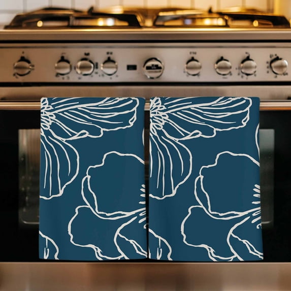 Teal Flowers Kitchen Towels Set of 3, Spring Floral Botanical Modern Art Absorbent Dish Towels for Kitchen, Microfiber Hand Towel, Quick Drying Tea Towel for Cleaning Decorative Dishcloths
