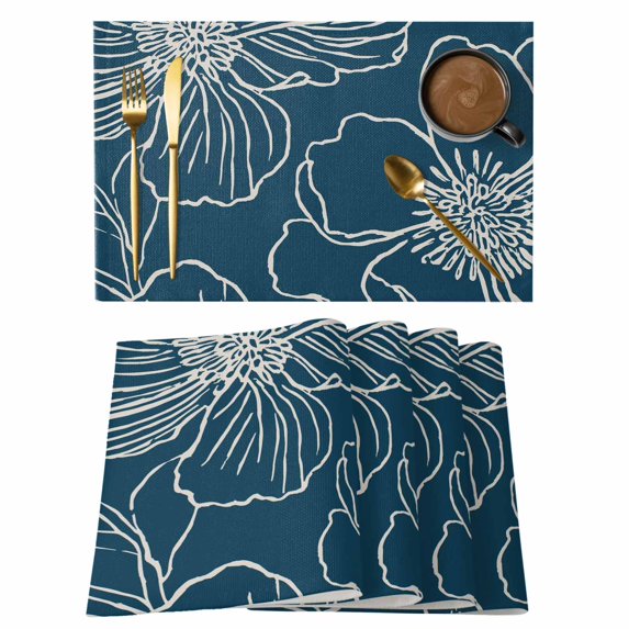 Teal Flowers Placemats Set of 4, Spring Floral Botanical Modern Art Placemats for Dining Table, Place Mats for Kitchen Tabletop, Waterproof Wipeable Dining Table Mats Set