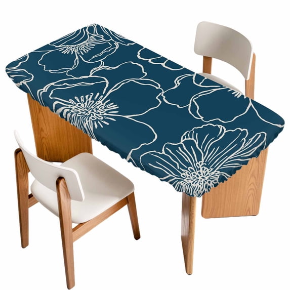 Teal Flowers Table Cloths for 6 Foot Rectangle Tables, Spring Floral Botanical Modern Art Patio Waterproof Elastic Fitted Tablecloths, Washable Rectangular Table Cover for Camping