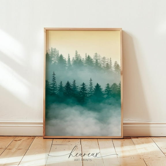 Teal Foggy Forest Wall Art, Misty Mountain, Green Forest Tree Print, Tree Scenery, Nature , Wall Décor Art Print Home Decor #2323, 16x24 UNFRAMED