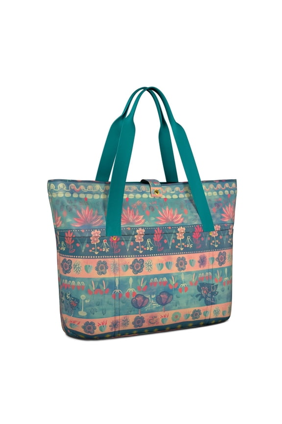 Teal Folk Floral Band PatchworkLarge Tote Bag with Multi Pockets, Foldable Shoulder Handbag with Snap Closure
