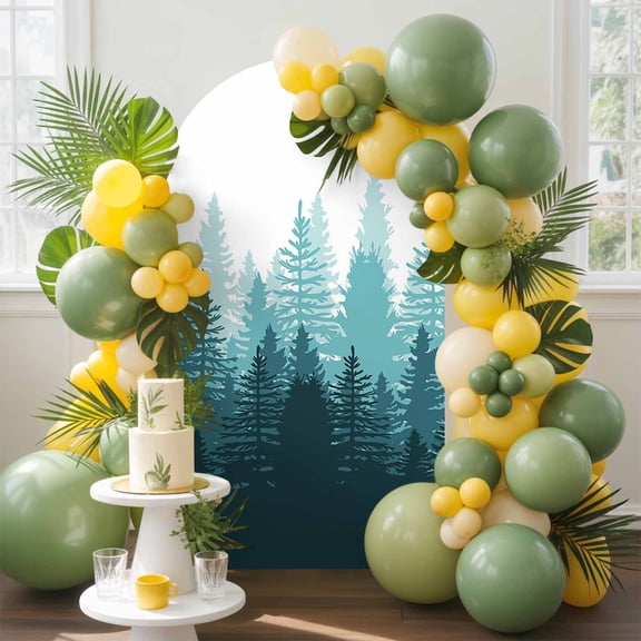 Teal Forest Arch Backdrop Cover, 4FT, Nature Woodland Tree Misty Forest Silhouette Landscape Spandex Arch Covers Double-Sided Backdrop for Wedding Birthday Party Photo Background Decoration