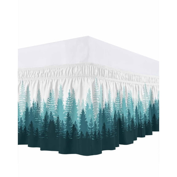 Teal Forest Bed Skirt Nature Woodland Tree Misty Forest Silhouette Landscape Bed Skirts Queen Size 16 Inch Drop, Wrap Around Dust Ruffle Bedskirt with Adjustable Elastic Belt for Queen Size Beds