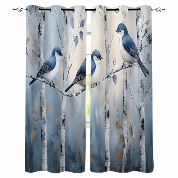 Teal Forest Birds Blackout Curtains for Bedroom/Living Room, Thermal Insulated Kitchen Curtains, Modern Oil Painting Farmhouse Grommet Darkening Window Treatment Drapes 42"x63"x2