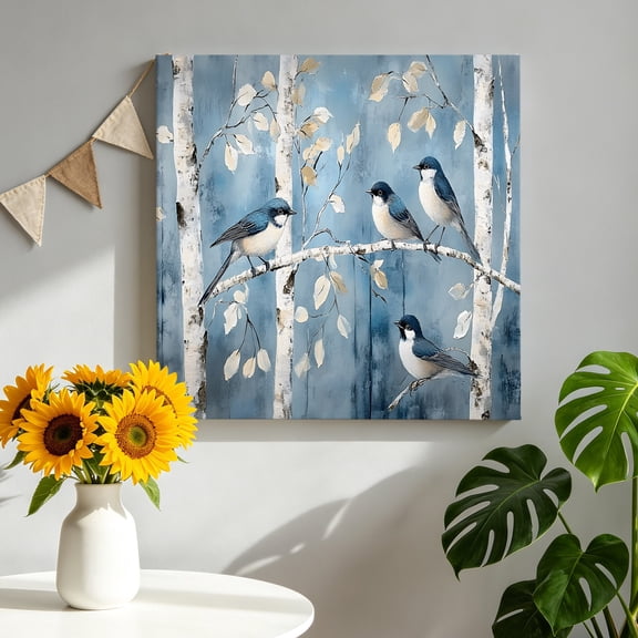 Teal Forest Birds Canvas Wall Art, Spring Modern Blue Oil Painting Style Farmhouse Framed Canvas Wall Decor Picture Print Artwork Decorations for Living Room Office Ready to Hang 10" x 10"