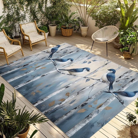 Teal Forest Birds Outdoor Rug 5x8 Ft - Reversible Patio Rug Outdoor Camping Rugs, Modern Oil Painting Farmhouse Washable Indoor Outdoor Area Rugs, Non-Slip Outdoor Carpet Runner for Deck/Porch
