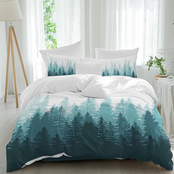 Teal Forest Duvet Cover Set Twin Size Nature Woodland Tree Misty Forest Silhouette Landscape Soft Lightweight Comforter Covers 4 Piece Bedding Set with 1 Duvet Cover 1 Bed Sheet & 2 Pillow Shams
