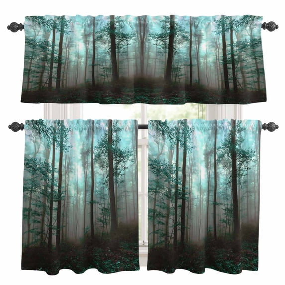 Teal Forest Kitchen Curtains Sets for Windows 24 Inch Length, Vintage Foggy Woods Tree Rod Pocket Window Treatments Tier Curtains and Valances Set for Bedroom/Bathroom