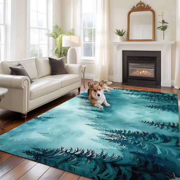 Teal Forest Mountain Large Area Rugs 5x8 ft Retro Watercolor Gradual Foggy Pine Tree Washable Rug Non Slip Indoor Carpet Absorbent Floor Mat for Living Room Bedroom Dining Room