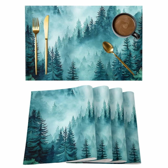 Teal Forest Mountain Placemats Set of 1, Retro Watercolor Gradual Foggy Pine Tree Non-Slip Place Mats Washable Table Mats for Kitchen Dining Table Decorations Indoor/Outdoor