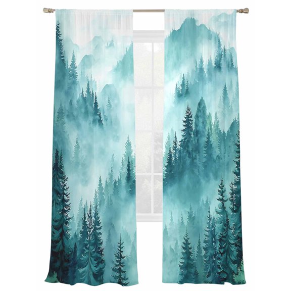 Teal Forest Mountain Sheer Curtains 2 Panels Set Retro Watercolor Gradual Foggy Pine Tree Sheer Window Curtains Light Filtering Rod Pocket Voile Drapes for Bedroom Living Room 52"X96"