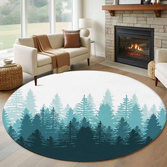 Teal Forest Round Rugs for Living Room 6ft Nature Woodland Tree Misty Forest Silhouette Landscape Non Slip Circle Rug Washable Low-Profile Indoor Carpet for Bedroom, Dining Room, Bathroom